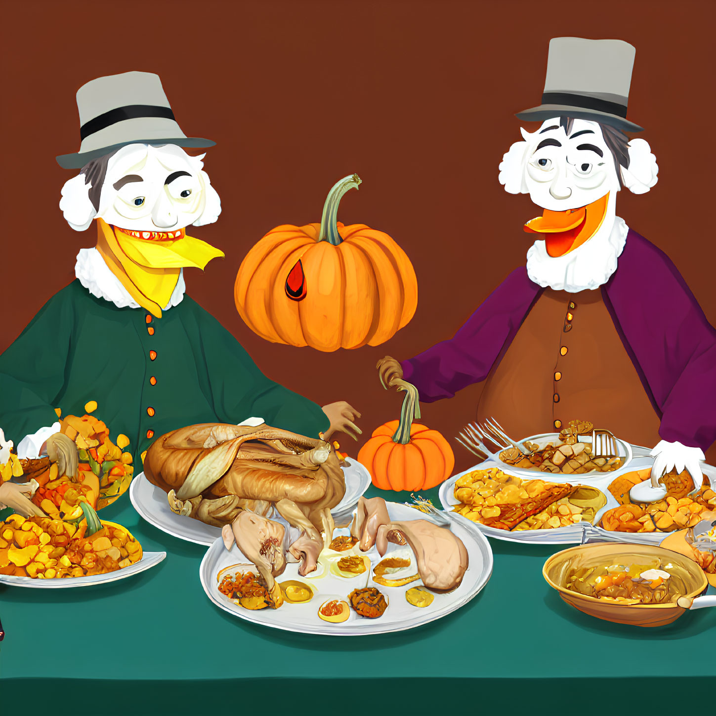 Cartoon pilgrims with Thanksgiving feast featuring turkey and pumpkin