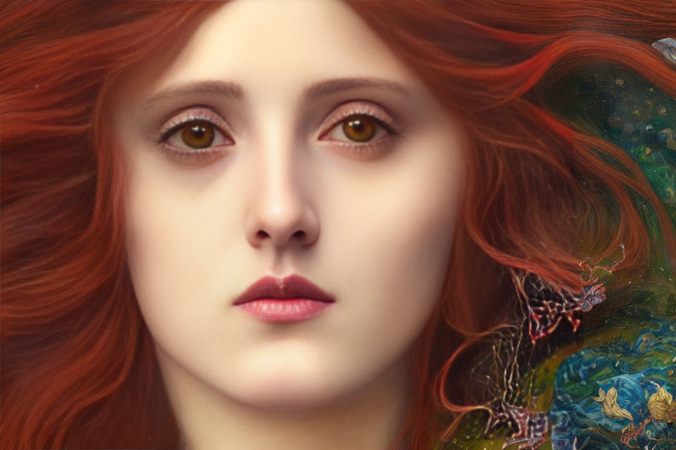 Detailed digital painting of woman with red hair and amber eyes against cosmic backdrop