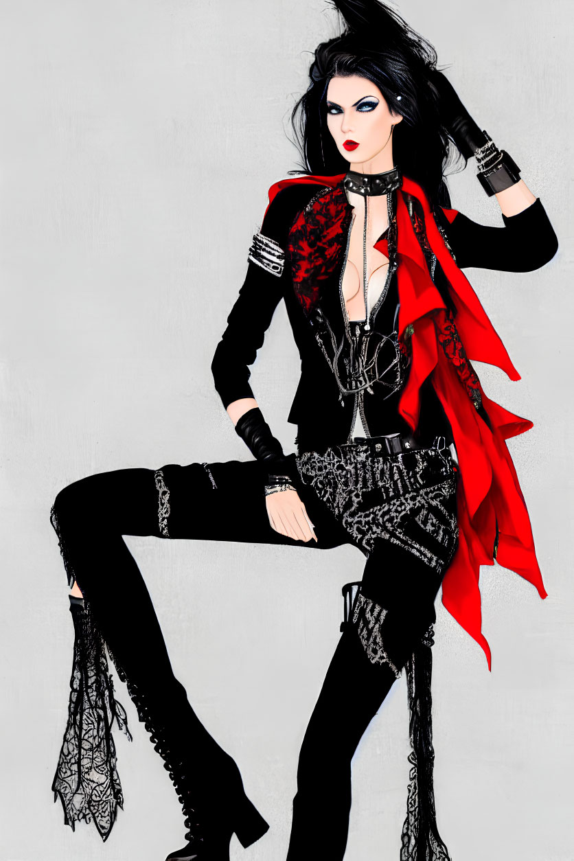 Illustration of confident woman in black outfit with red accents