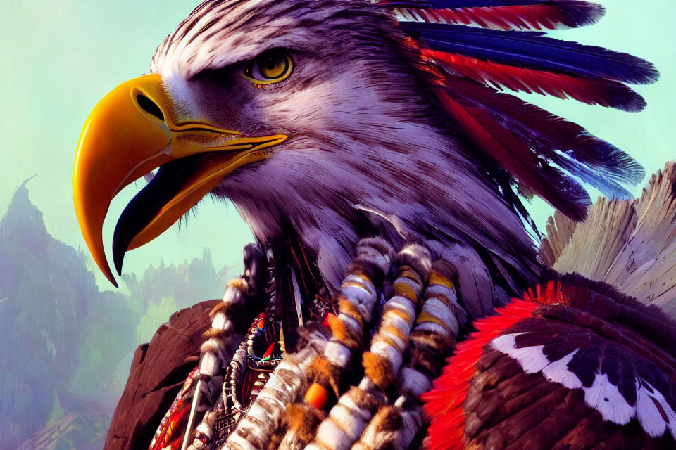 Majestic eagle with vibrant feathers and intricate beading in lush setting