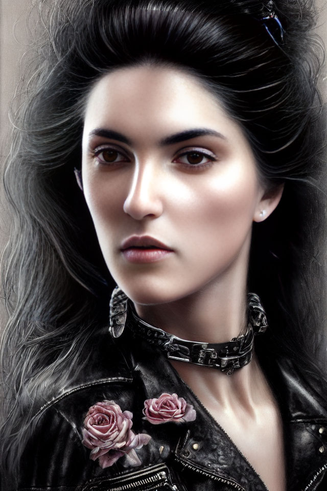 Dark-Haired Woman in Black Leather Jacket with Rose Adornments