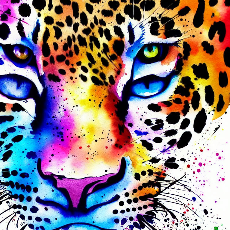 Colorful Leopard Face Artwork with Intense Eyes and Spotted Fur