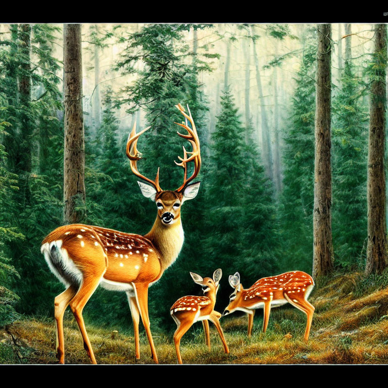 Majestic Stag with Antlers Among Two Fawns in Sunlit Forest