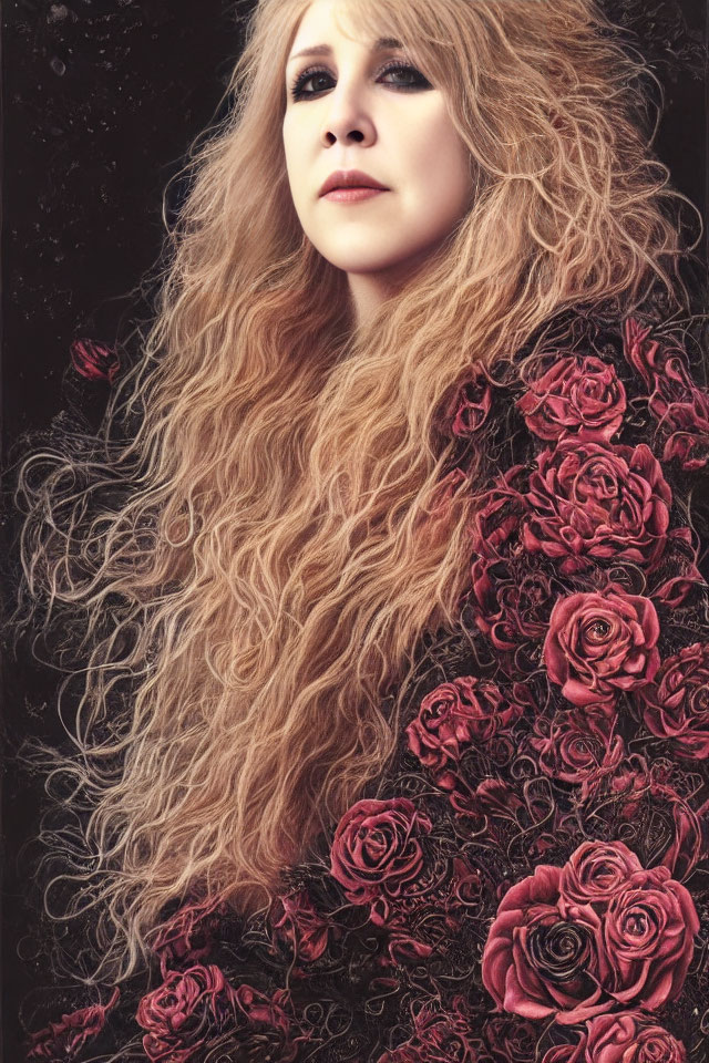 Woman with Voluminous Wavy Hair in Red Rose Garment on Dark Background