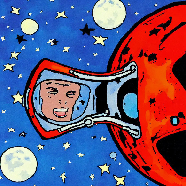 Astronaut in space with stars, moons, and red planet