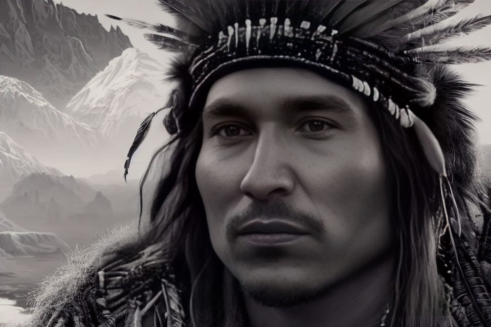 Feathered Headdress Portrait with Mountain Landscape