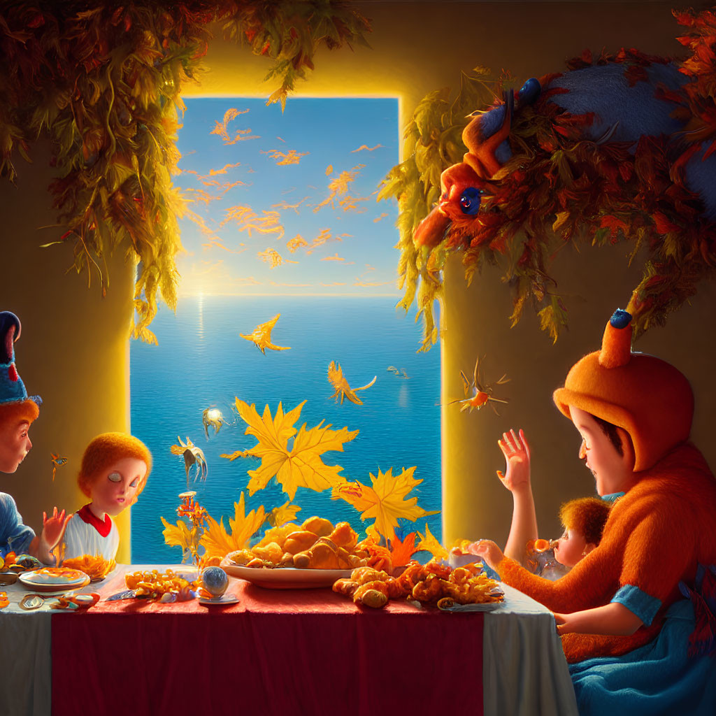 Family dining with sea view and oversized fruit decorations in autumn illustration