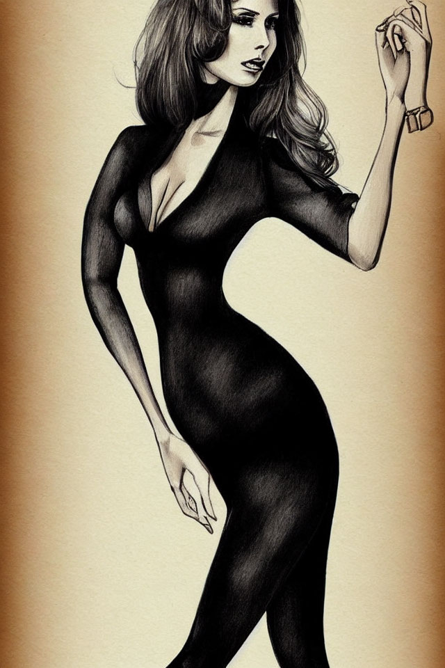 Stylized black and white drawing of confident woman in body-hugging dress