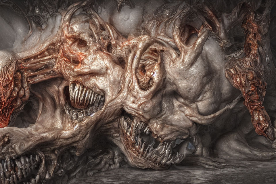 Surreal Artwork: Intertwined Monstrous Faces with Gaping Mouths