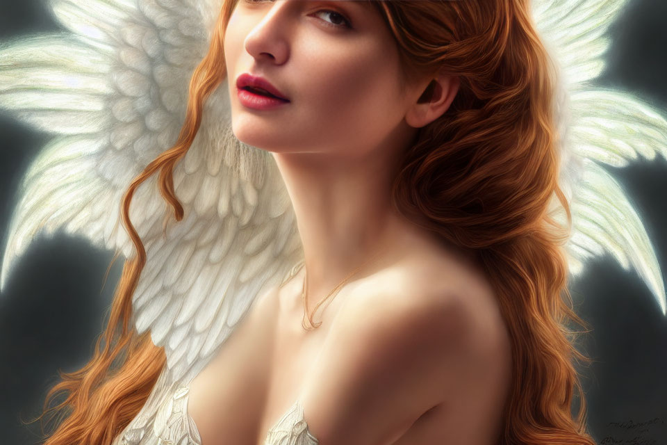 Digital artwork of ethereal woman with angelic wings and red hair against soft background