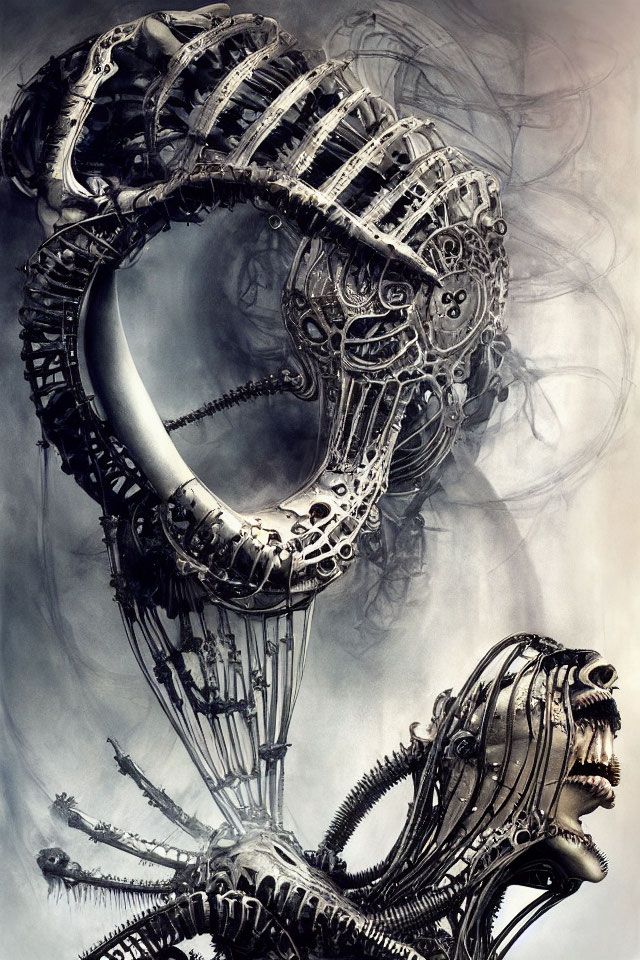 Biomechanical creatures with intricate metal structures in dark backdrop