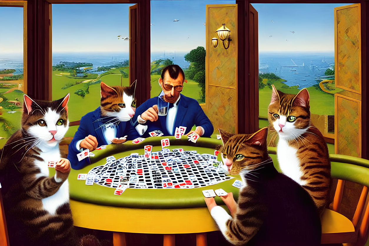 Whimsical painting of man playing poker with large cats by scenic sea view