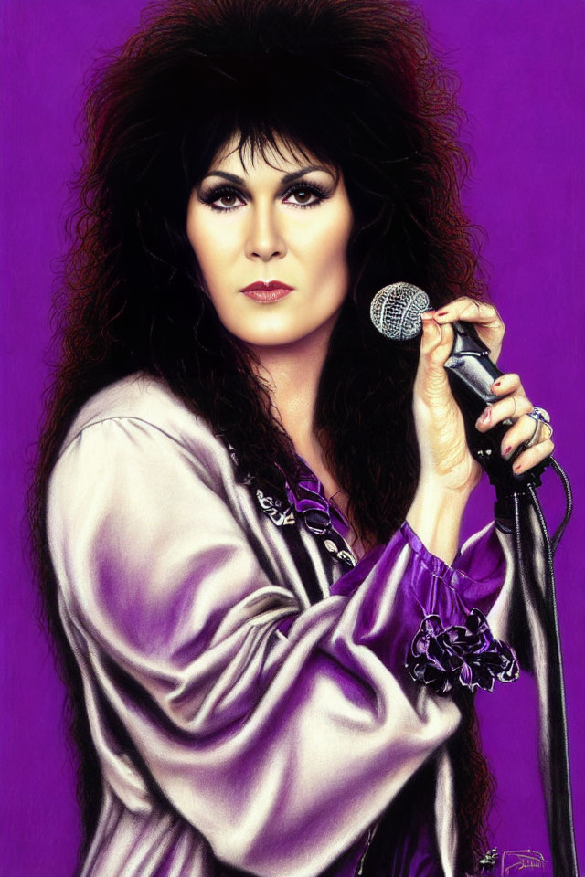 Illustration of woman with dark hair holding microphone in purple outfit on purple background