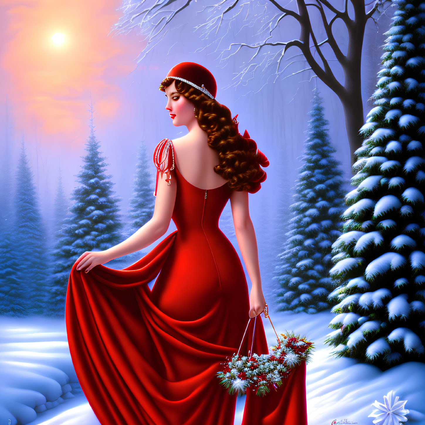 Woman in red dress and hat in snowy forest with sunset background.