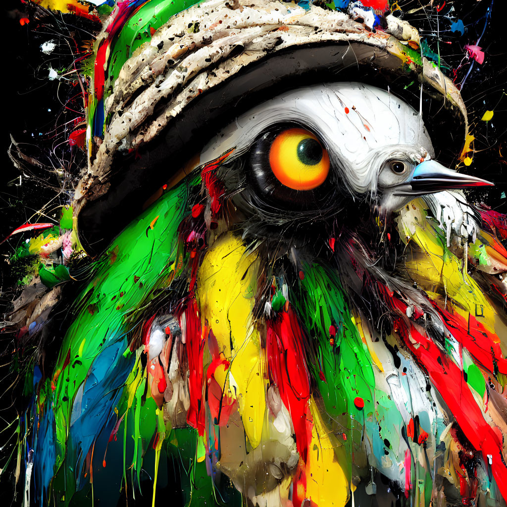 Colorful Bird Painting with Splattered Paint Effects and Textured Hat