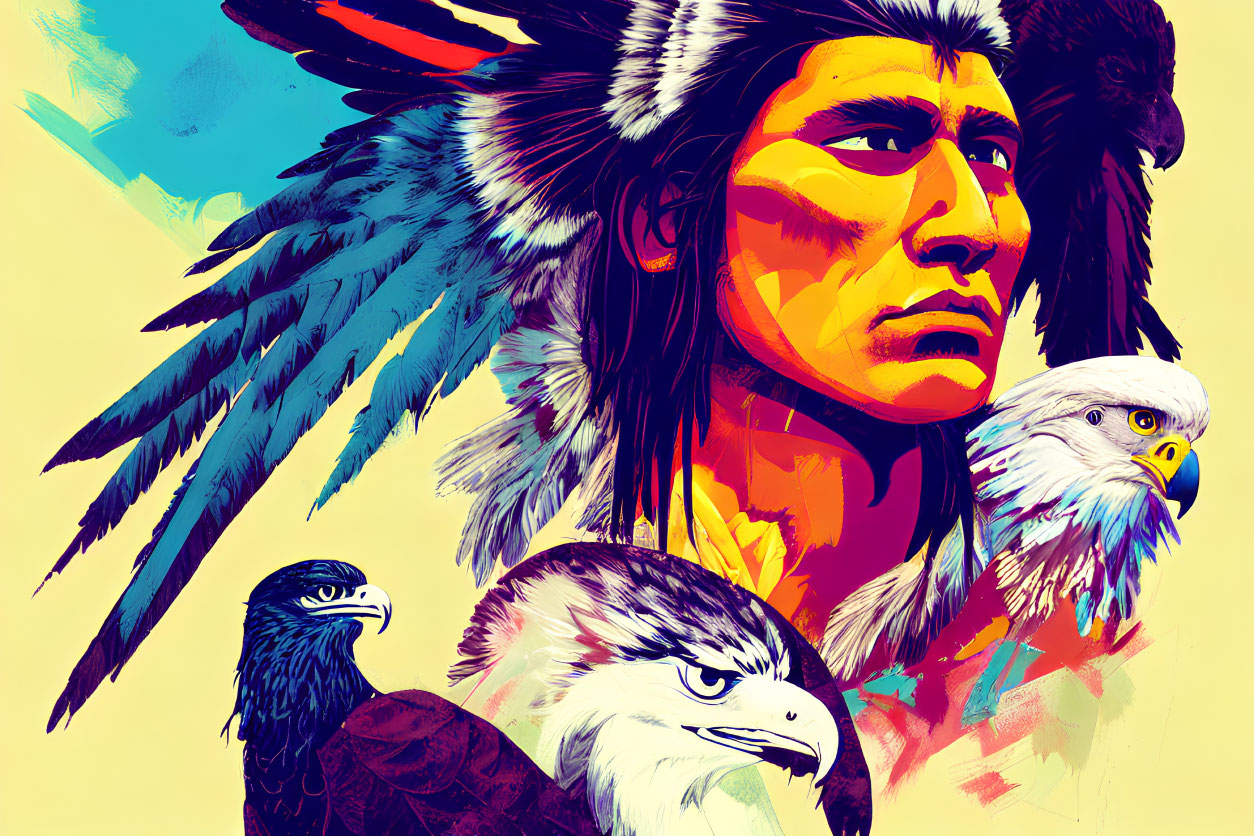 Native American profile with feathered headdress and eagles on yellow background