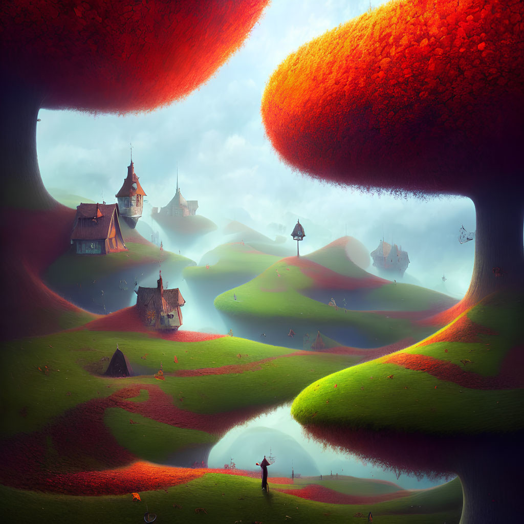 Colorful Fantasy Landscape with Oversized Mushrooms and Whimsical Houses