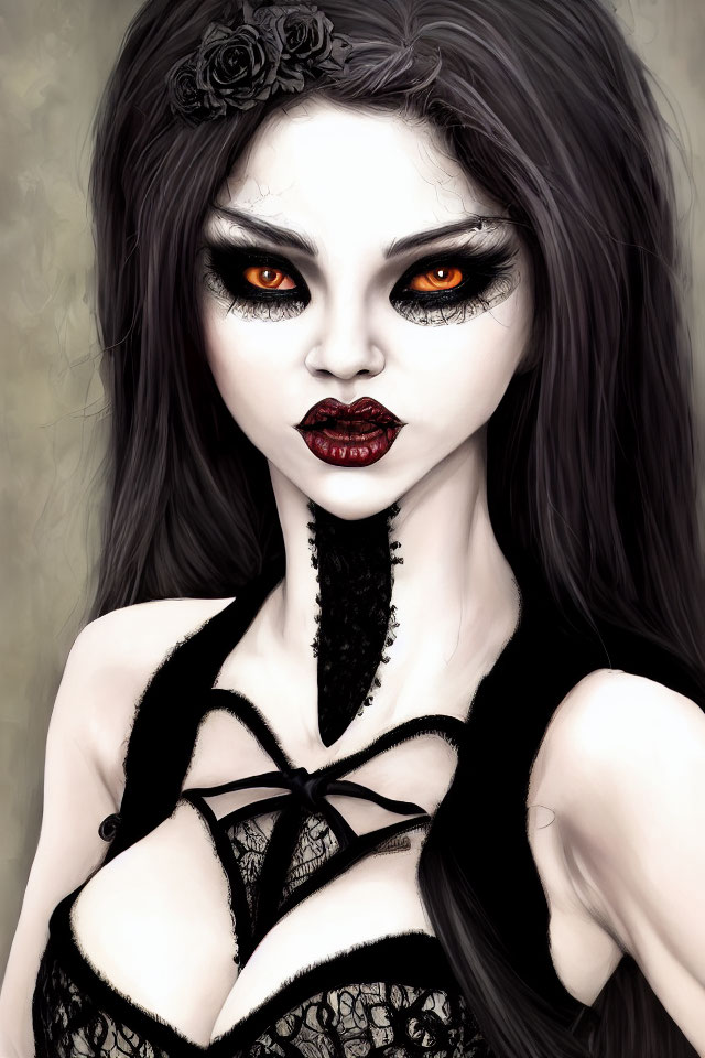 Digital artwork featuring woman with orange eyes and dark gothic attire