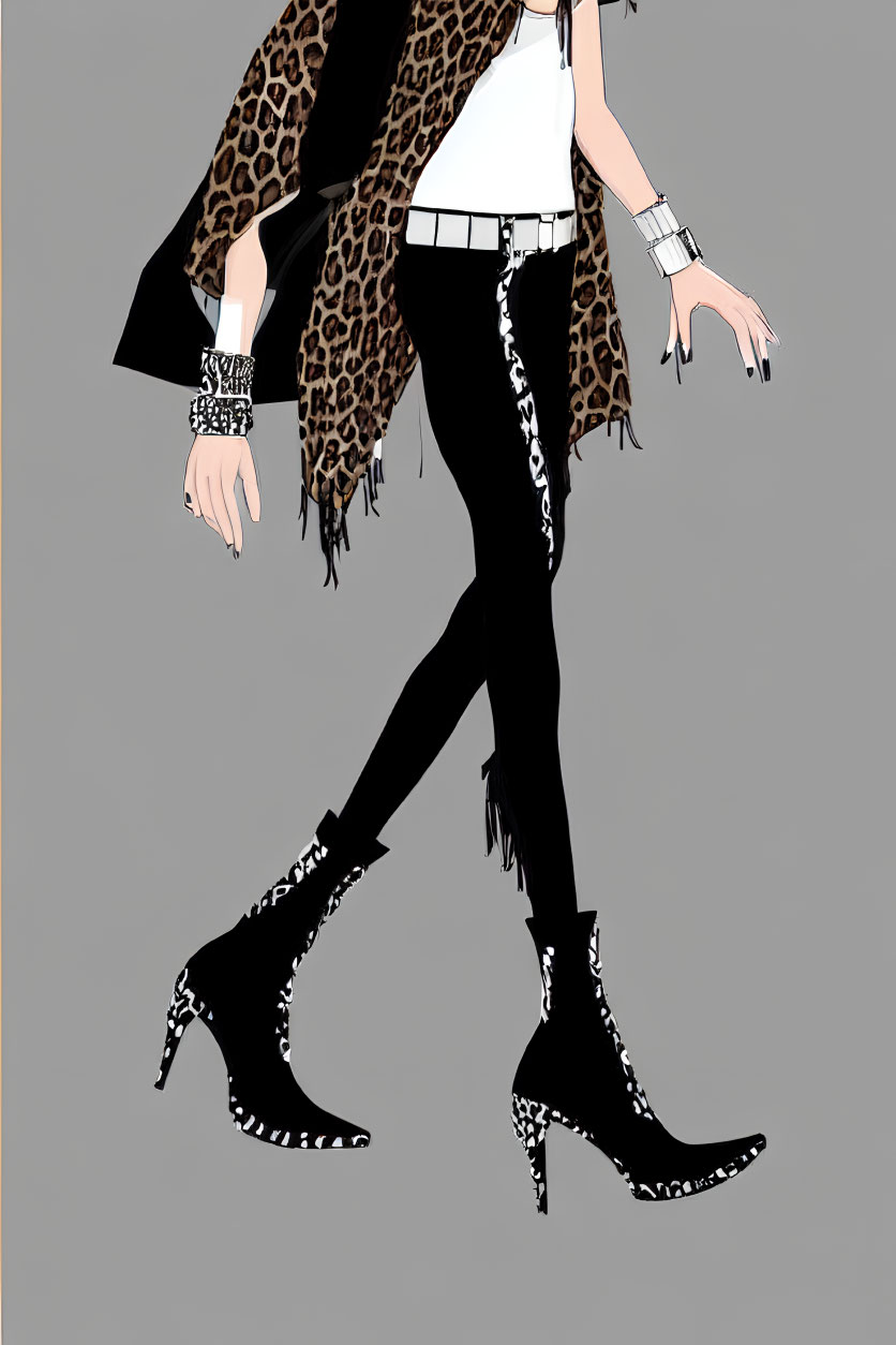 Fashion illustration of person in stylish outfit with black pants, white detailed boots, and leopard print jacket