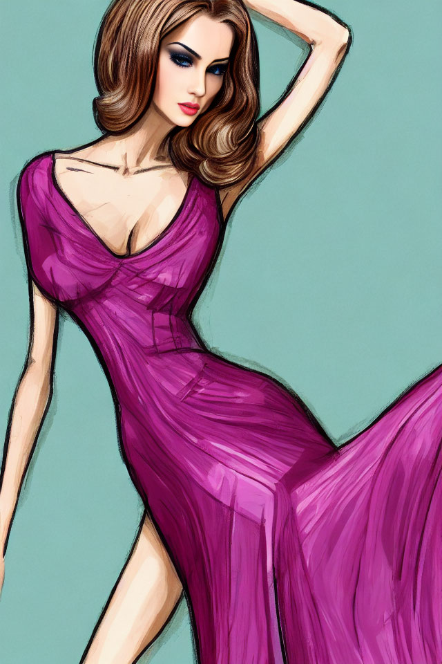 Confident woman in elegant purple dress posing gracefully