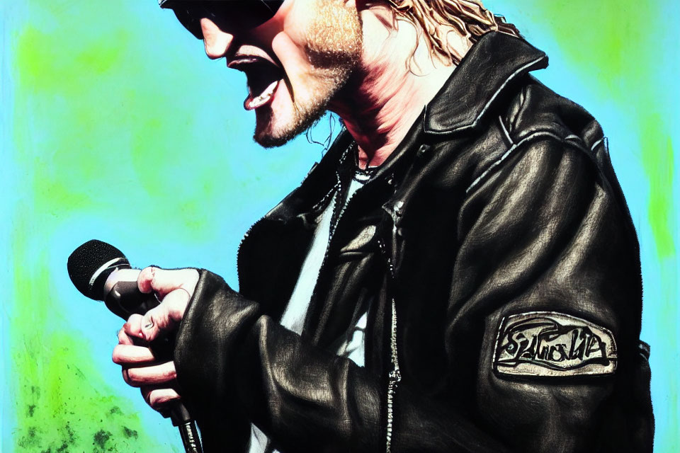 Passionate man in black leather jacket singing against vibrant background