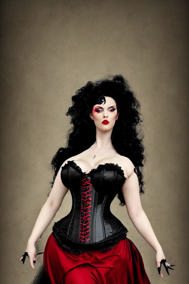 Stylized portrait of a woman with black hair and corset on beige background