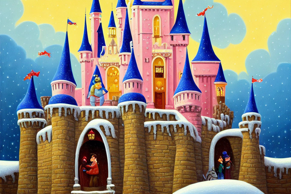 Whimsical winter castle illustration with snow, medieval characters, and dragons