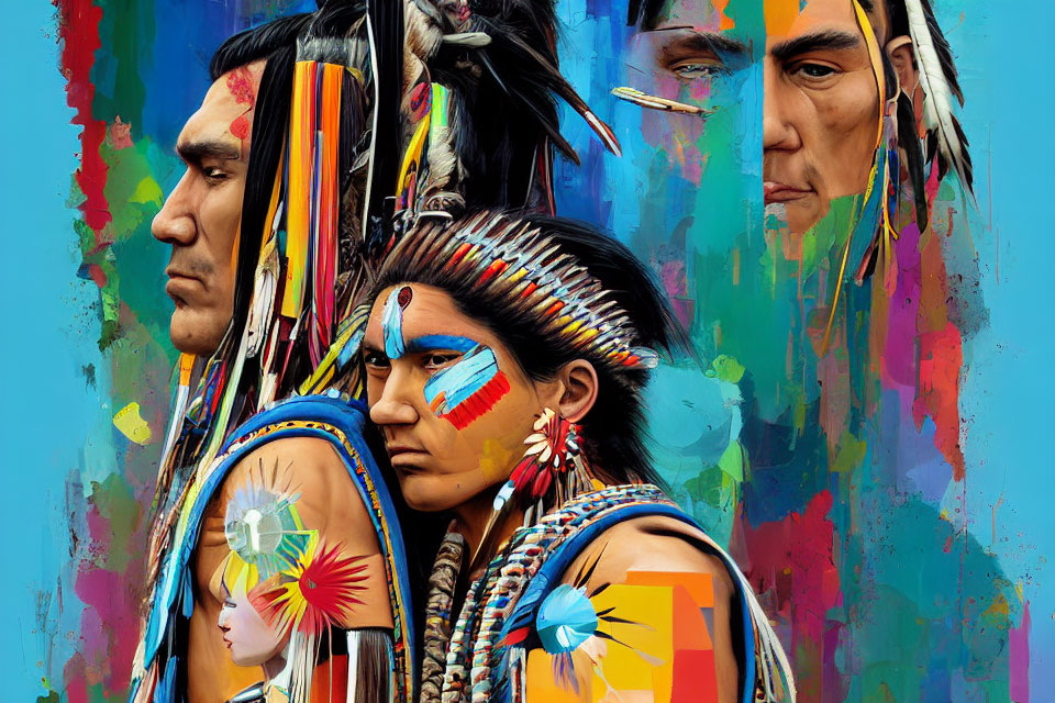 Native American individuals in traditional attire against abstract paint background