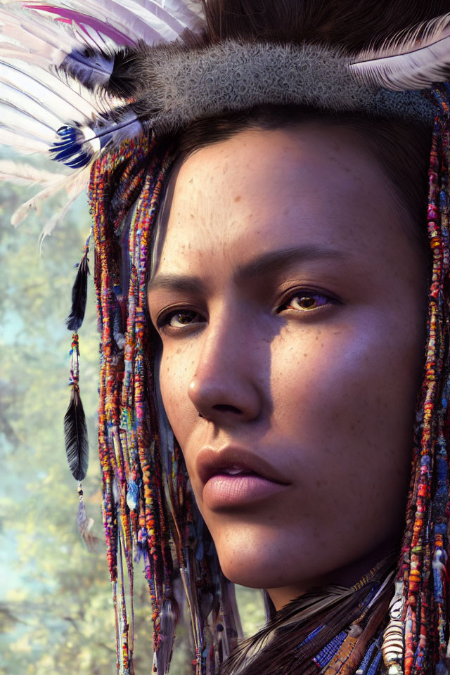 Digital portrait of woman with feathered headdress and beadwork against blurred background