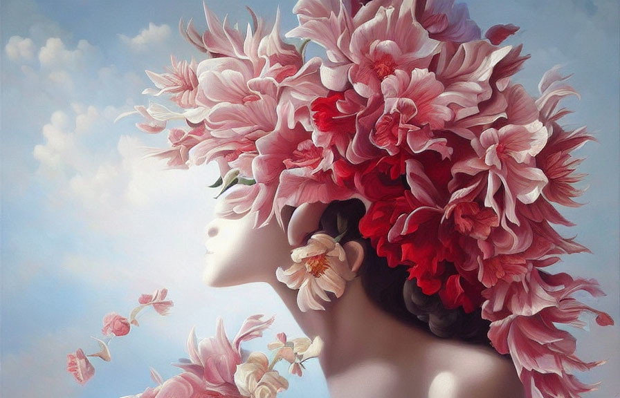 Person wearing elaborate floral headpiece with pink and white blooms against soft blue sky.