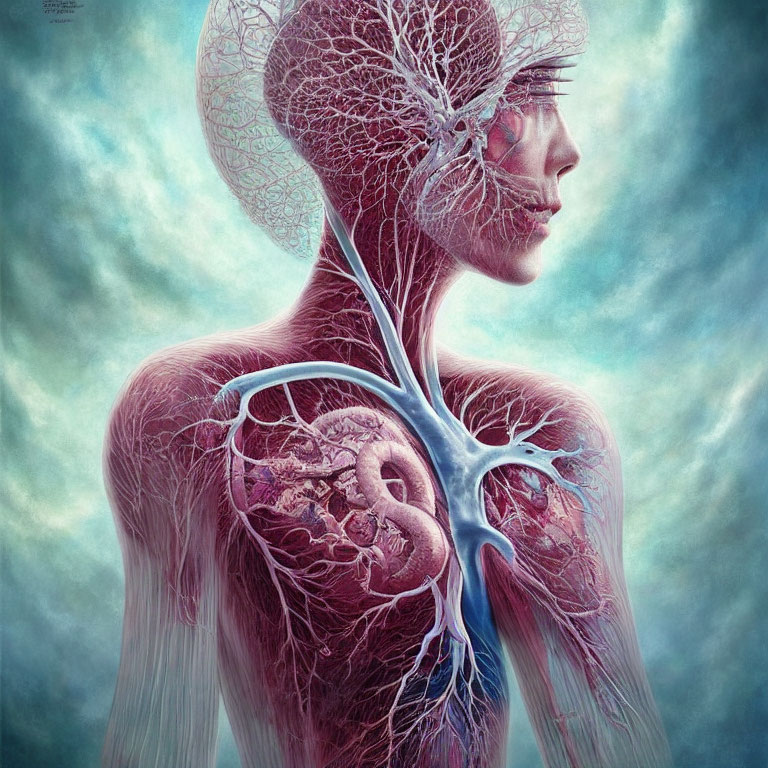 Detailed illustration of human circulatory system with heart, arteries, and veins on blue backdrop