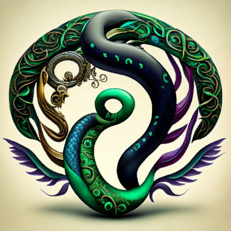 Colorful Digital Artwork: Stylized Snake with Green and Purple Patterns