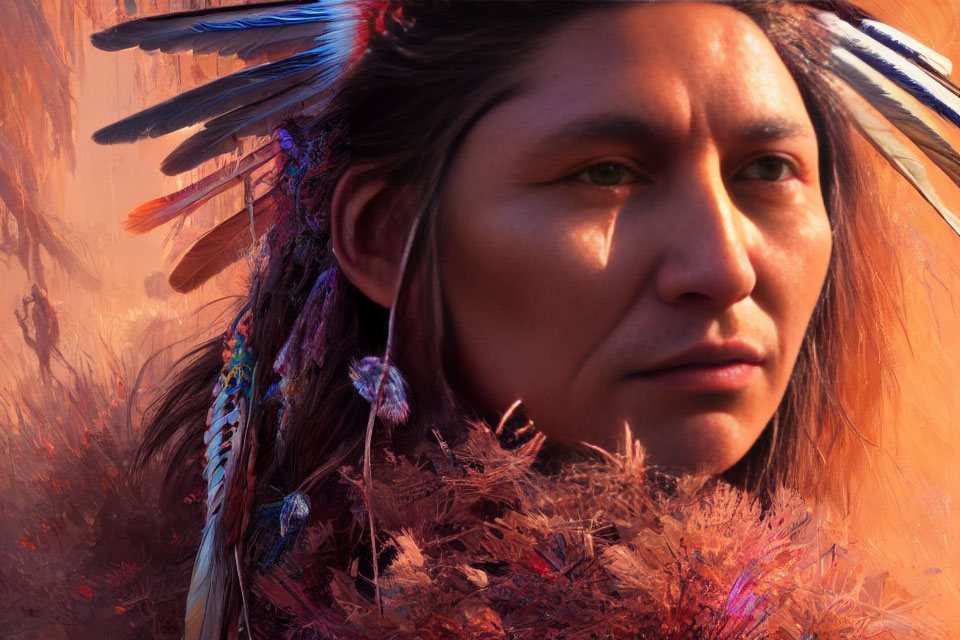 Person in Feathered Headdress Among Warm-Toned Foliage