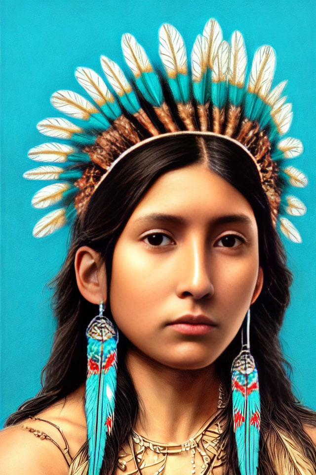 Portrait of a young person in feathered headdress and beaded earrings