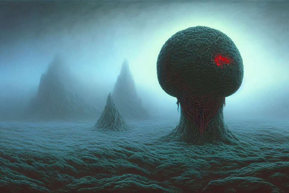 Mysterious landscape with textured sphere, peaks, blue mist, and red glow