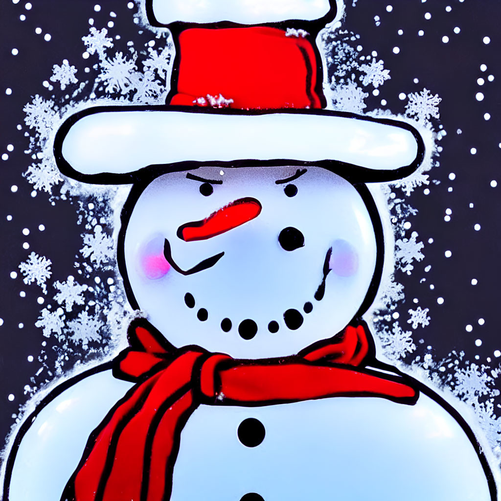 Cheerful snowman with red scarf and top hat in snowy scene