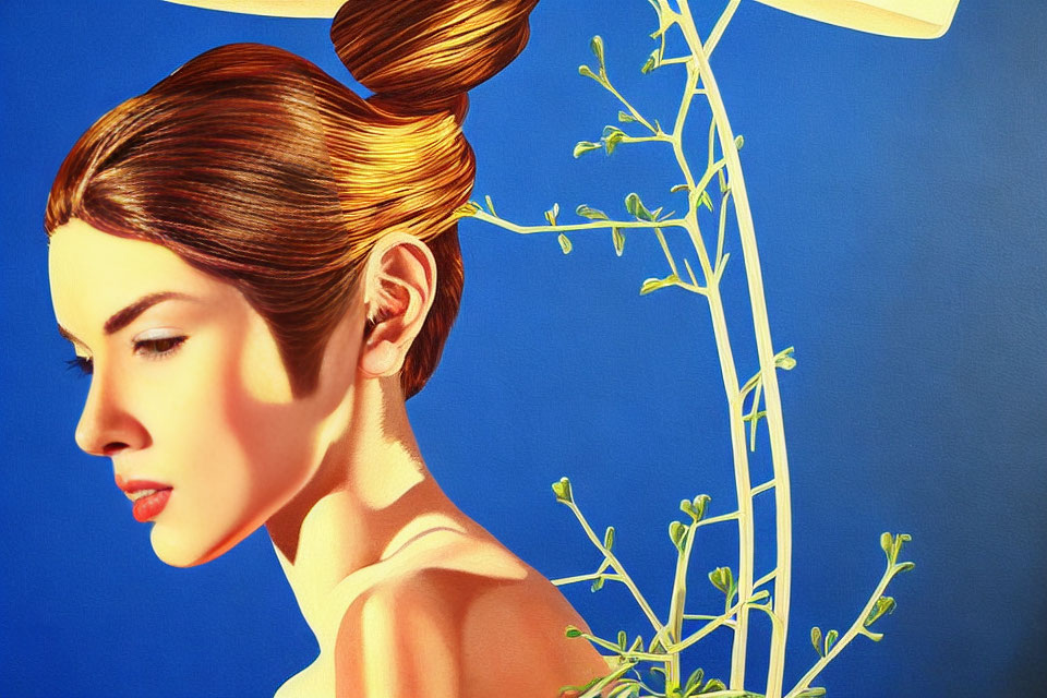 Stylized painting of woman with updo hairstyle against blue background