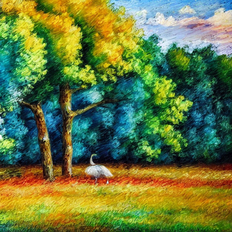 Colorful Impressionist Landscape with White Swan in Grassy Field