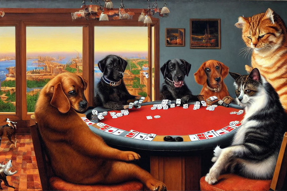 Whimsical painting: Dogs and cat playing poker in luxurious room