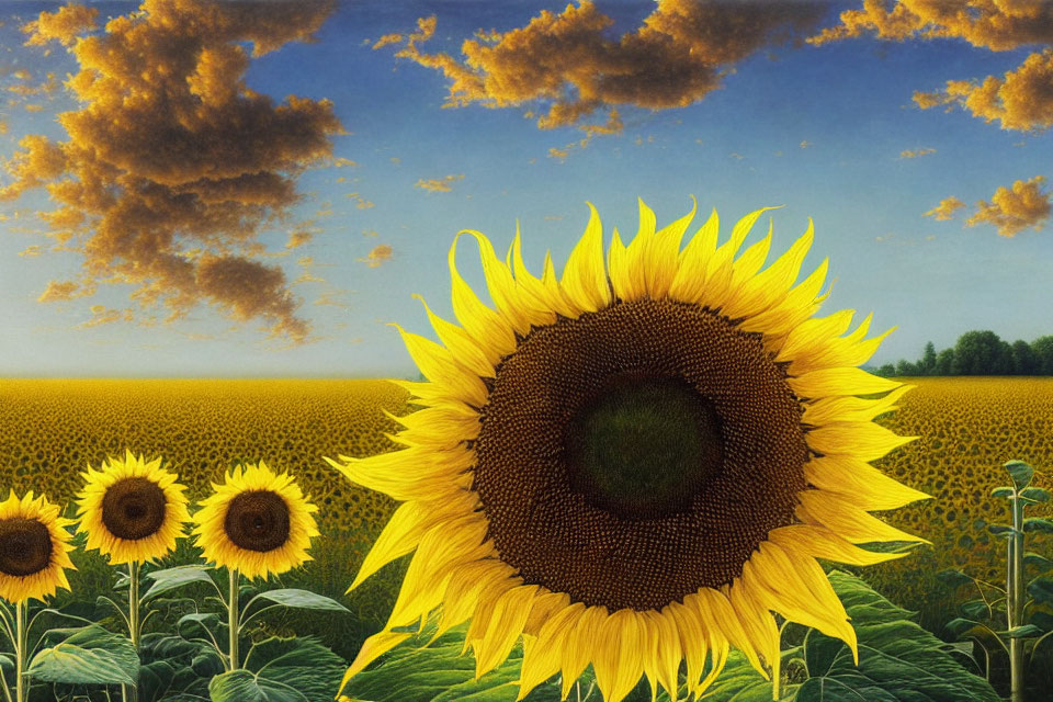 Colorful close-up painting of a large sunflower in a field with blue sky