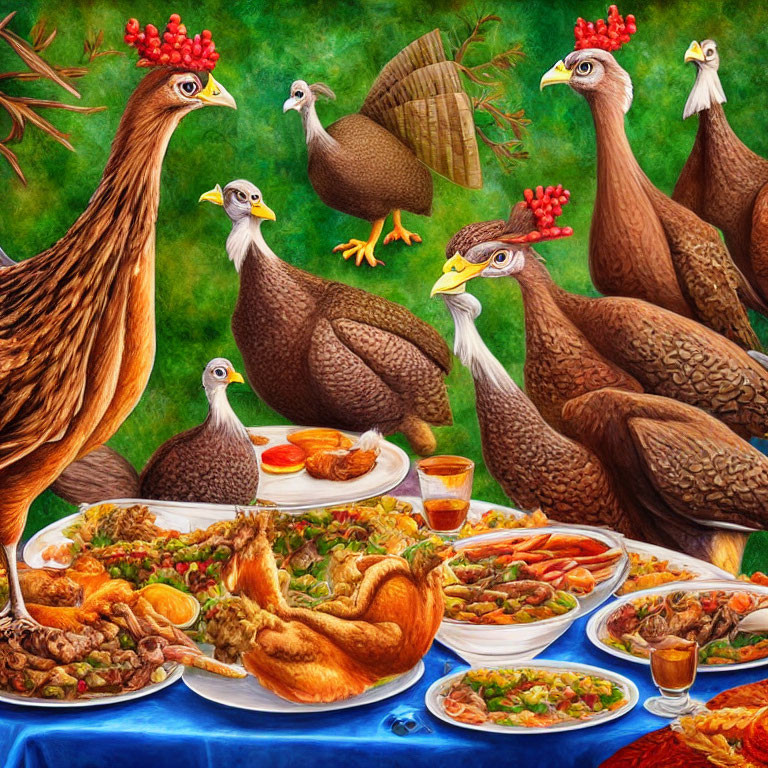 Birds resembling chickens and a turkey at a humorous feast