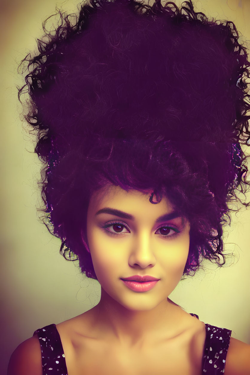 Curly-haired woman with subtle makeup on warm background