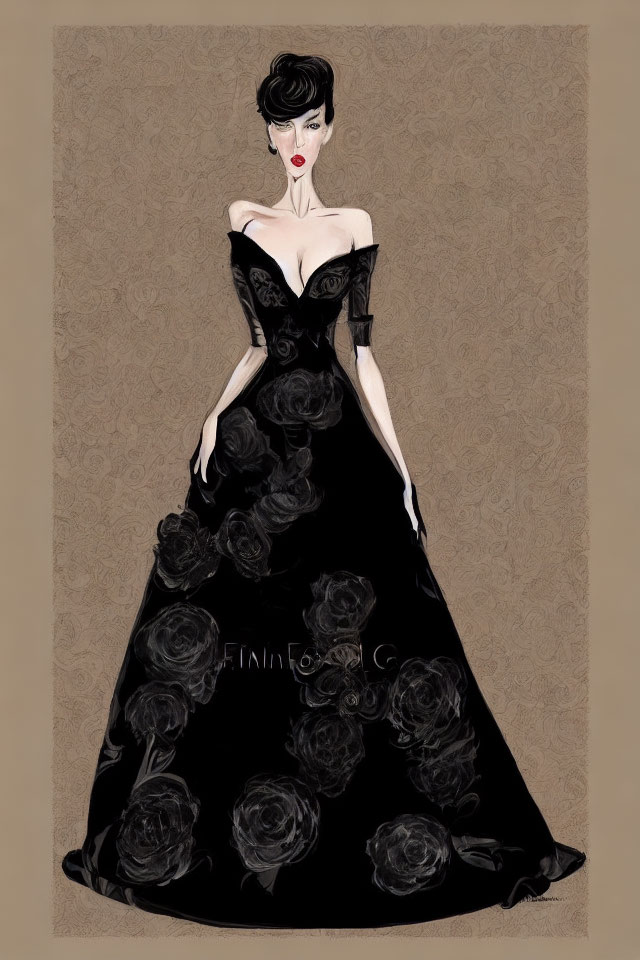 Woman in Elegant Off-Shoulder Black Gown with Rose Patterns