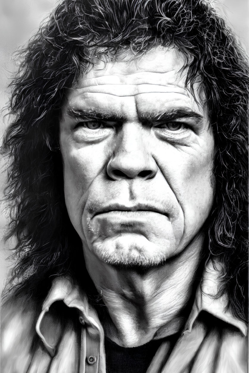 Detailed Monochromatic Portrait of Man with Long Wavy Hair and Intense Gaze