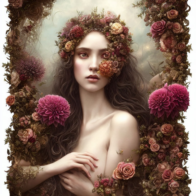 Surreal portrait of a woman with floral headdress