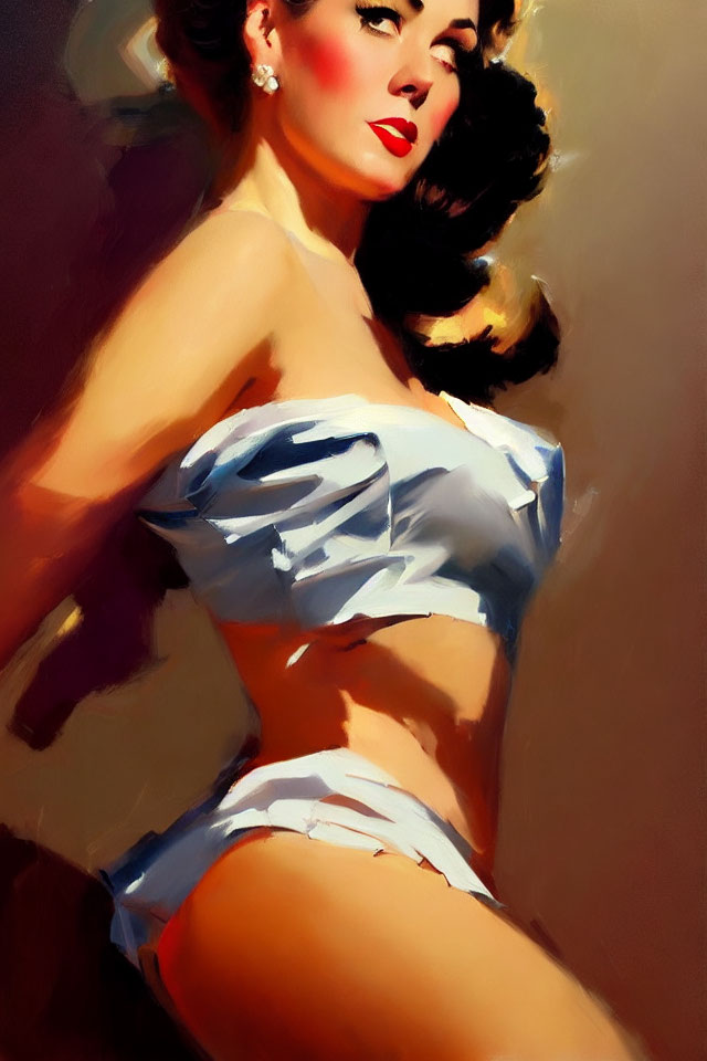 Vintage Style Underwear Painting with Woman in White Top & High-Waisted Bottoms