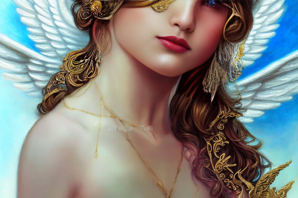 Ethereal woman with golden headpiece and feathered wings in soft hues