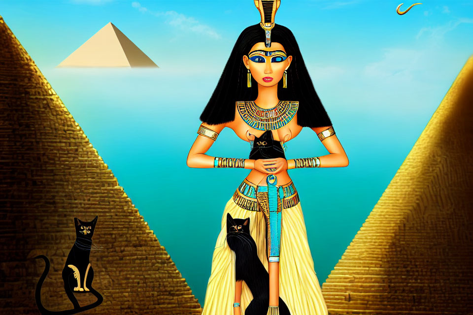 Egyptian Queen Illustration with Traditional Headdress, Jewelry, and Black Cats against Pyramids and Desert