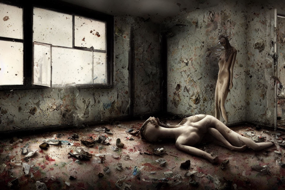 Desolate Room with Decaying Walls and Unclothed Figures