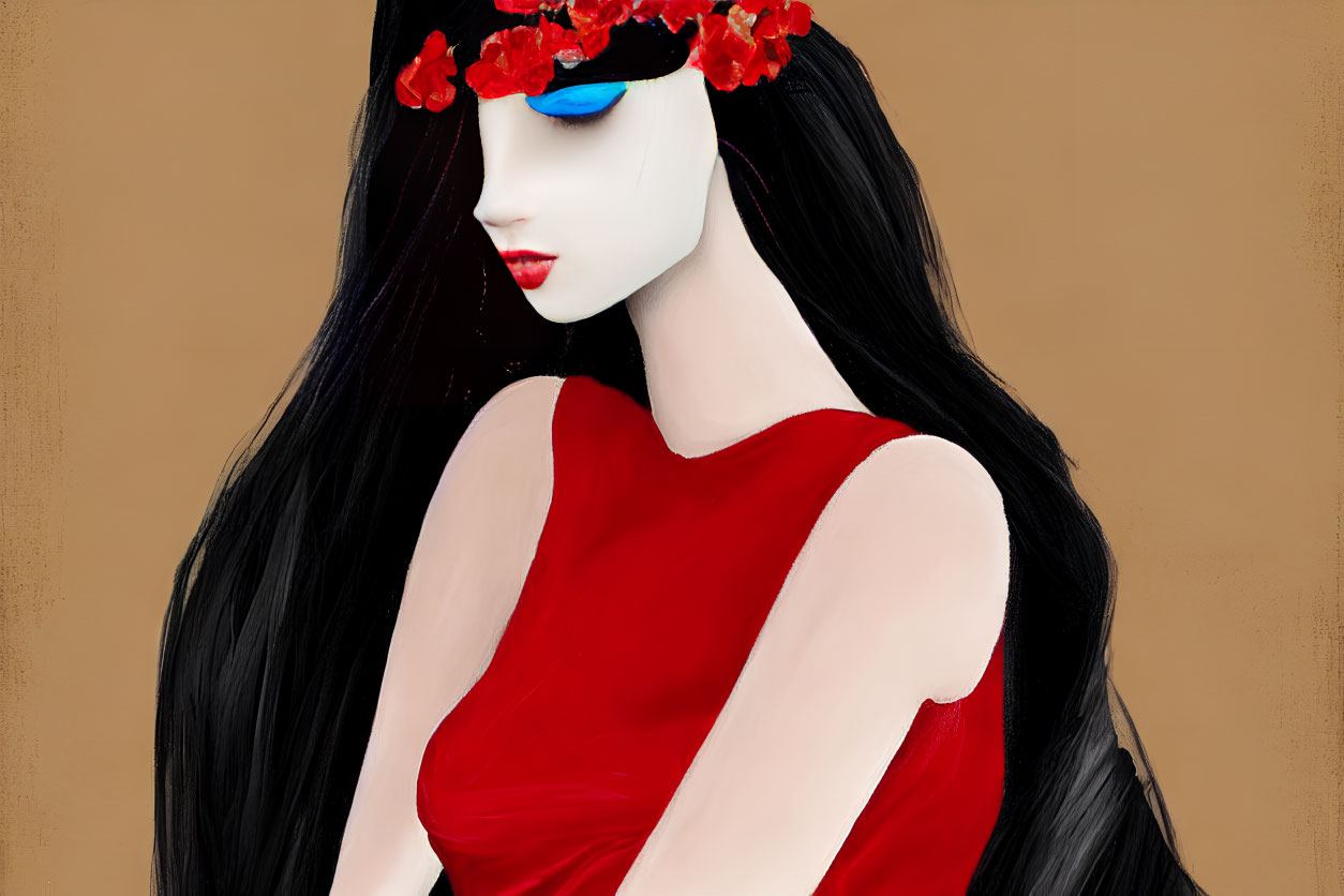 Woman with Long Black Hair in Red Dress and Blindfold Illustration